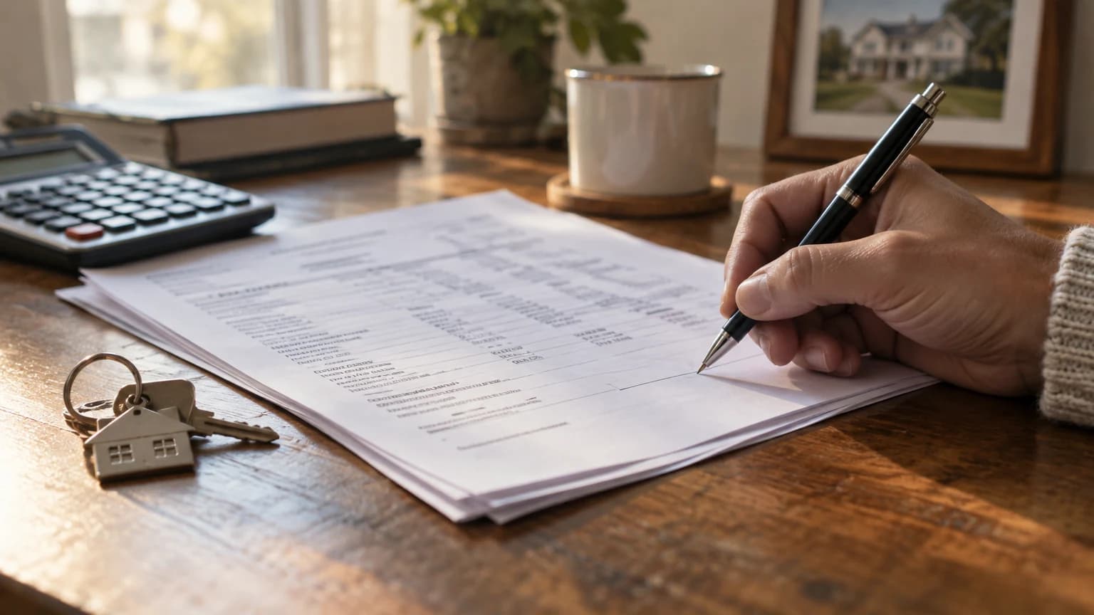 A hand signing a settlement statement beside a calculator and house keys