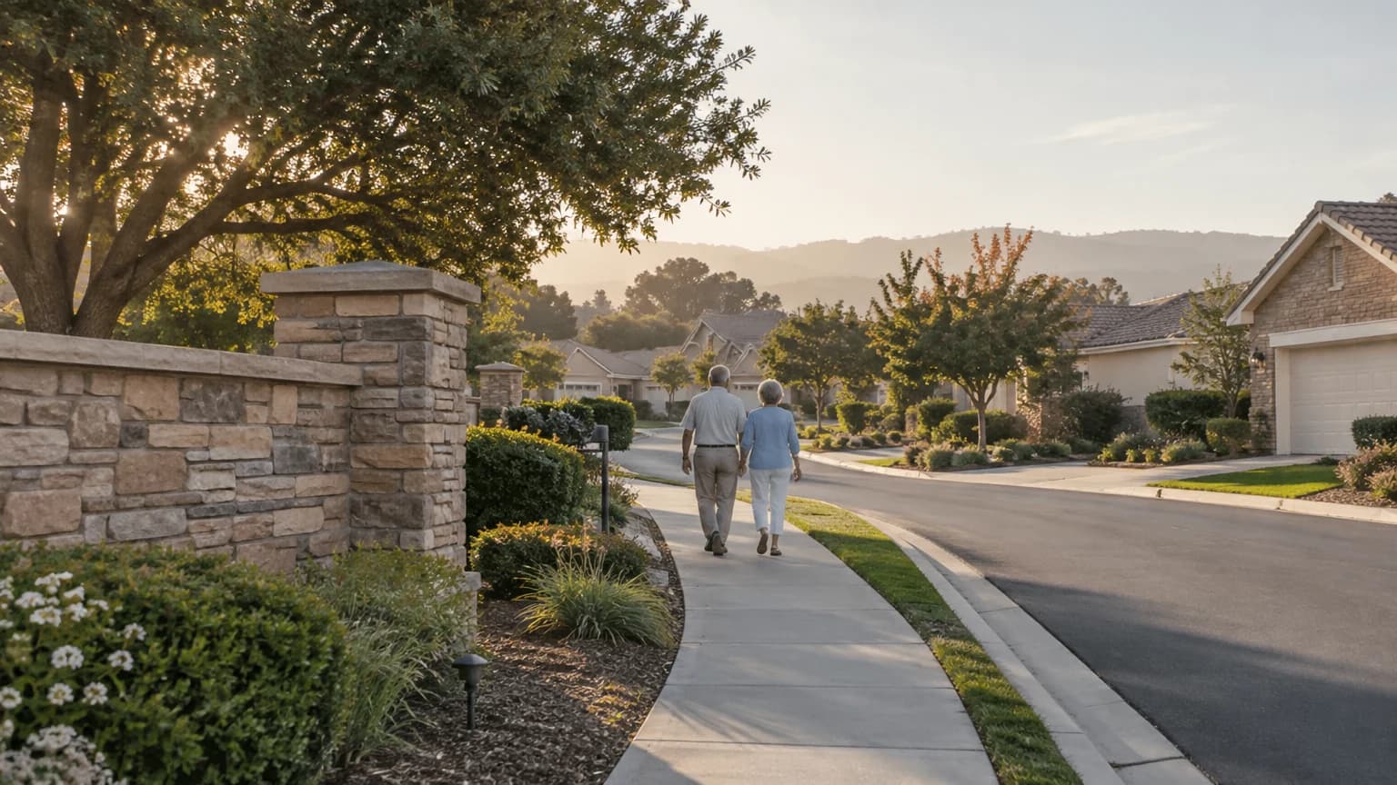 A couple walking along the sidewalk of a quiet 55-plus community