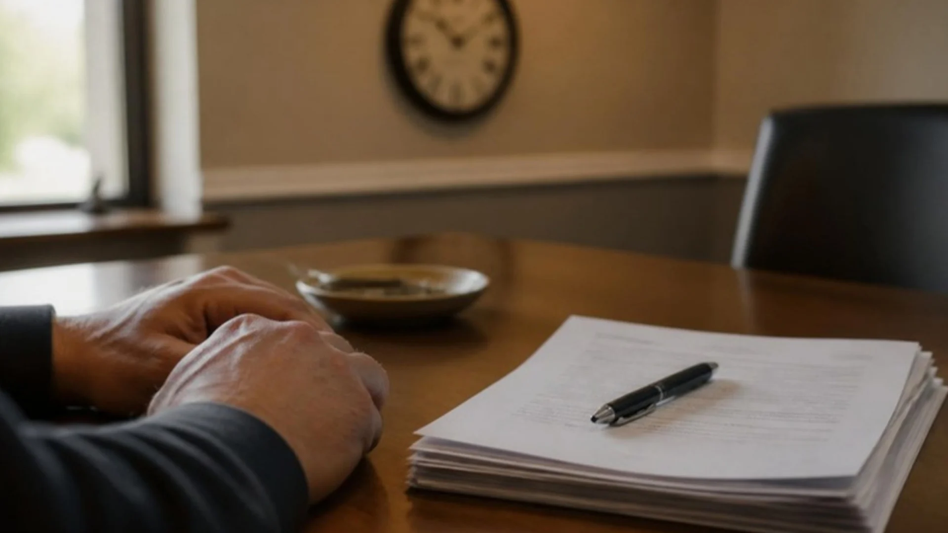 Signed settlement papers and a pen on a closing table, with house keys in a dish set aside