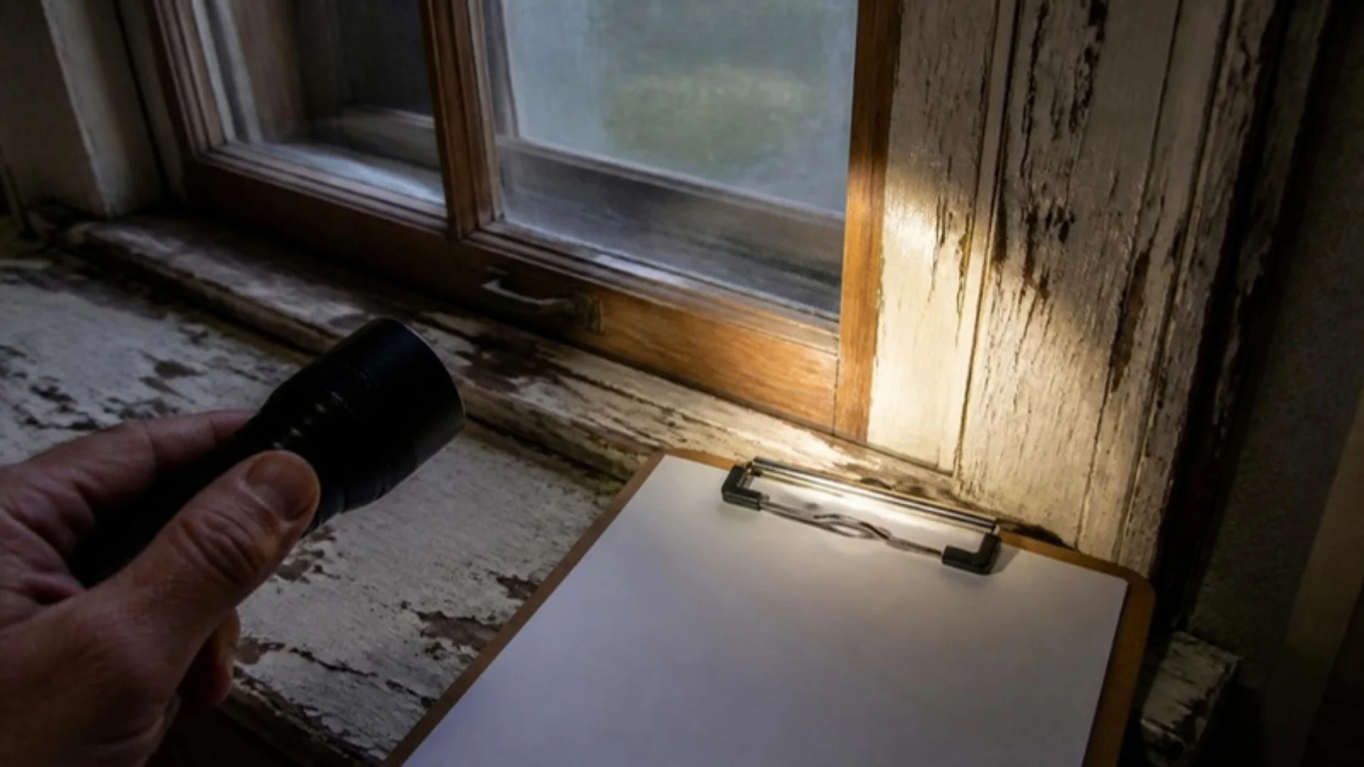 A flashlight beam on a worn wooden window frame with a clipboard on the sill
