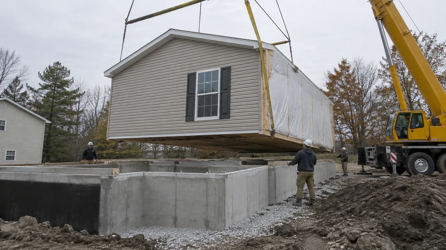 A modular home section being lowered by crane onto a concrete foundation