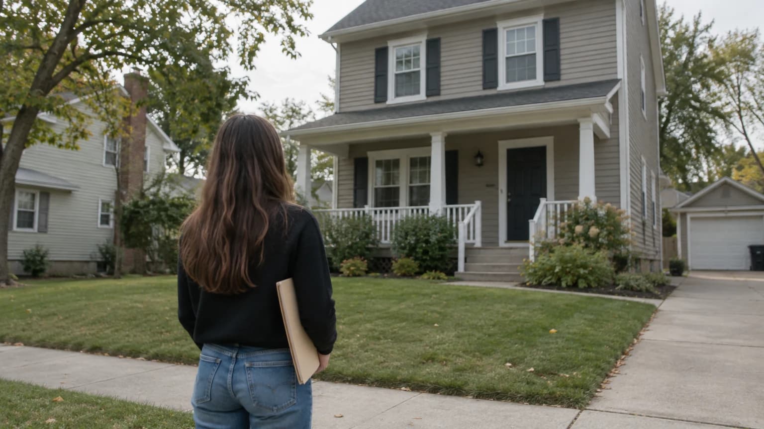 A person holding a folder of documents, looking at a house from the sidewalk